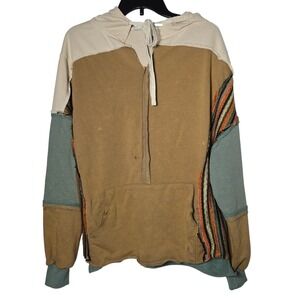 BKE Colorblock Patchwork Deconstructed Pullover Hoodie Small Boho Earthy Western